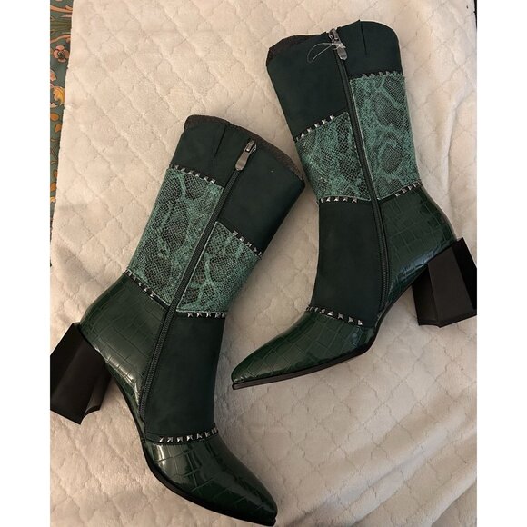 Azura By Spring Step Zayrina Green Boots NIB Embellished Chunky Heel Size 8.5 - Picture 2 of 8